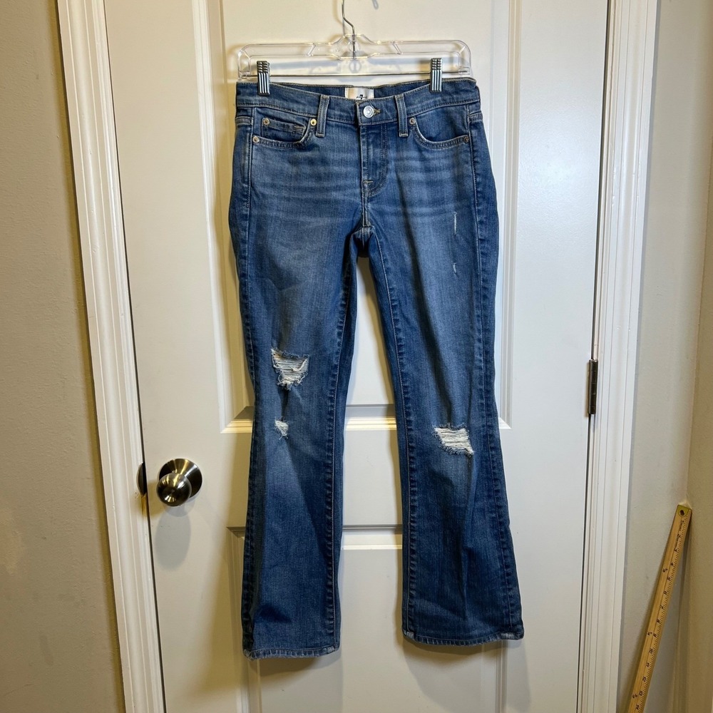 7 For All Mankind Womens Bootcut Jeans Distressed Ripped Knee Blue Size 26